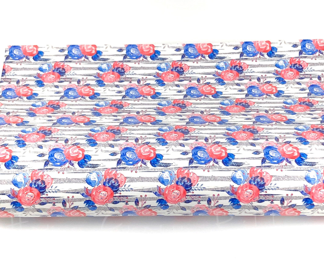 Fourth of July Roses on Silver Stripes Faux Leather Sheets