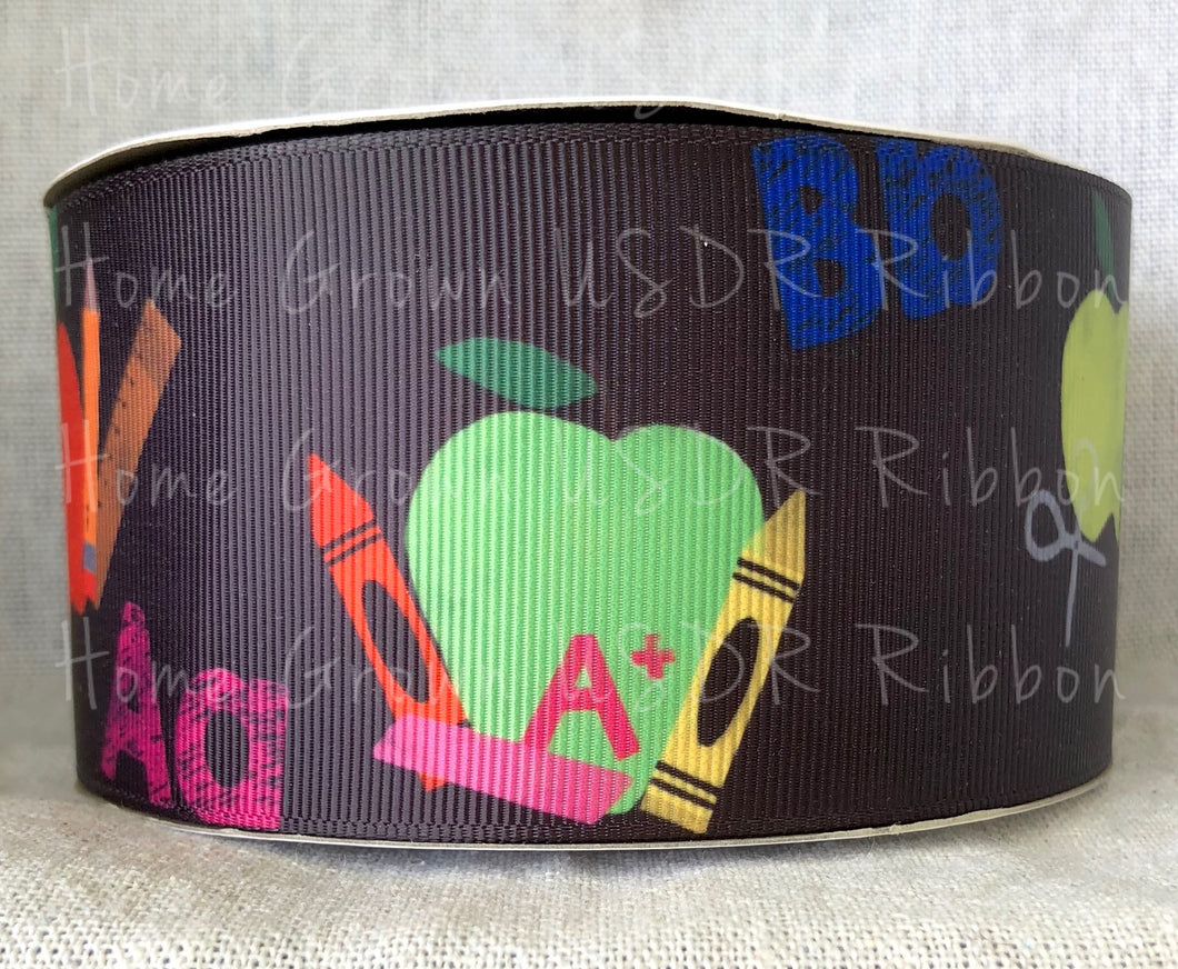 Chalkboard Print with School Scatter USDR 2.25 Inch Grosgrain Ribbon