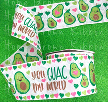 Load image into Gallery viewer, Avocado Heart &quot;Guac My World&quot; Double Faced USDR Grosgrain Ribbon White - 7/8 Inch - 1.5 Inch - 3 Inch