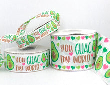 Load image into Gallery viewer, Avocado Heart &quot;Guac My World&quot; Double Faced USDR Grosgrain Ribbon White - 7/8 Inch - 1.5 Inch - 3 Inch