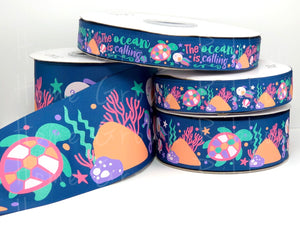 Ocean Is Calling Collection - Sea Life USDR Ribbon - Lt Navy - 7/8" - 1.5" - 3"