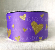 Load image into Gallery viewer, Gold Glitter Hearts on Purple Grosgrain Ribbon - USDR - 2.25 Inch - 3 Inch