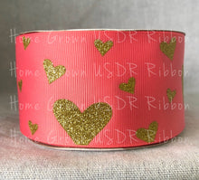 Load image into Gallery viewer, Gold Glitter Hearts on Watermelon Grosgrain Ribbon - USDR - 2.25 Inch - 3 Inch