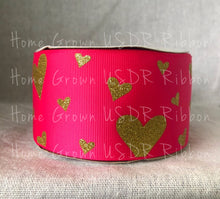 Load image into Gallery viewer, Gold Glitter Hearts on Shocking Pink Grosgrain Ribbon - USDR - 2.25 Inch - 3 Inch