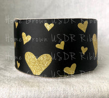 Load image into Gallery viewer, Gold Glitter Hearts on Black Grosgrain Ribbon - USDR - 3 Inch