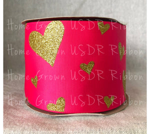 Gold Glitter Hearts on Shocking Pink Grosgrain Ribbon - USDR - 2.25 Inch - 3 Inch