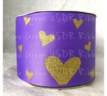 Load image into Gallery viewer, Gold Glitter Hearts on Purple Grosgrain Ribbon - USDR - 2.25 Inch - 3 Inch