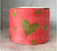 Load image into Gallery viewer, Gold Glitter Hearts on Watermelon Grosgrain Ribbon - USDR - 2.25 Inch - 3 Inch