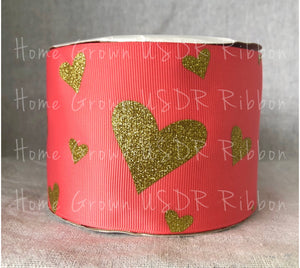 Gold Glitter Hearts on Watermelon Grosgrain Ribbon - USDR - 2.25 Inch - 3 Inch