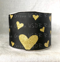 Load image into Gallery viewer, Gold Glitter Hearts on Black Grosgrain Ribbon - USDR - 3 Inch