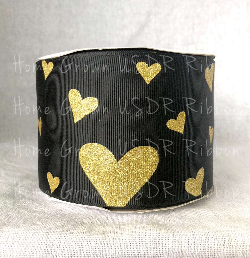 Gold Glitter Hearts on Black Grosgrain Ribbon - USDR - 3 Inch