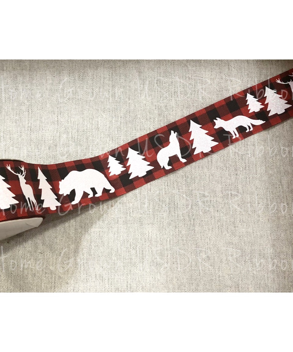 Animals on Red Buffalo Plaid Double Sided Ribbon