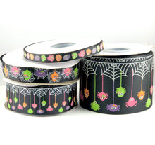 Load image into Gallery viewer, Glow in the Dark Spiders USDR Halloween Ribbon - 3/8 Inch - 7/8 Inch - 1.5 Inch - 3 Inch