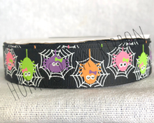 Load image into Gallery viewer, Glow in the Dark Spiders USDR Halloween Ribbon - 3/8 Inch - 7/8 Inch - 1.5 Inch - 3 Inch