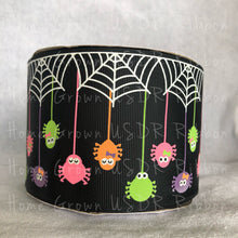 Load image into Gallery viewer, Glow in the Dark Spiders USDR Halloween Ribbon - 3/8 Inch - 7/8 Inch - 1.5 Inch - 3 Inch