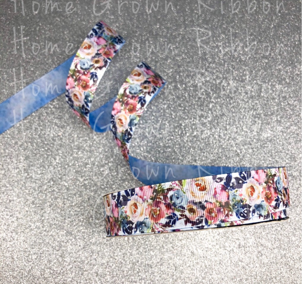 Rustic Roses with Denim Back Glitter Sparkles Double Sided USDR Grosgrain Ribbon - 7/8